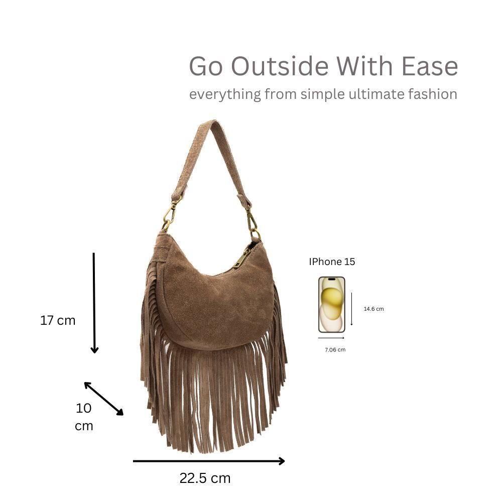 Kitise Small Italian Genuine Suede Fringed Crossbody Bag WIth Detachable Handle and Strap