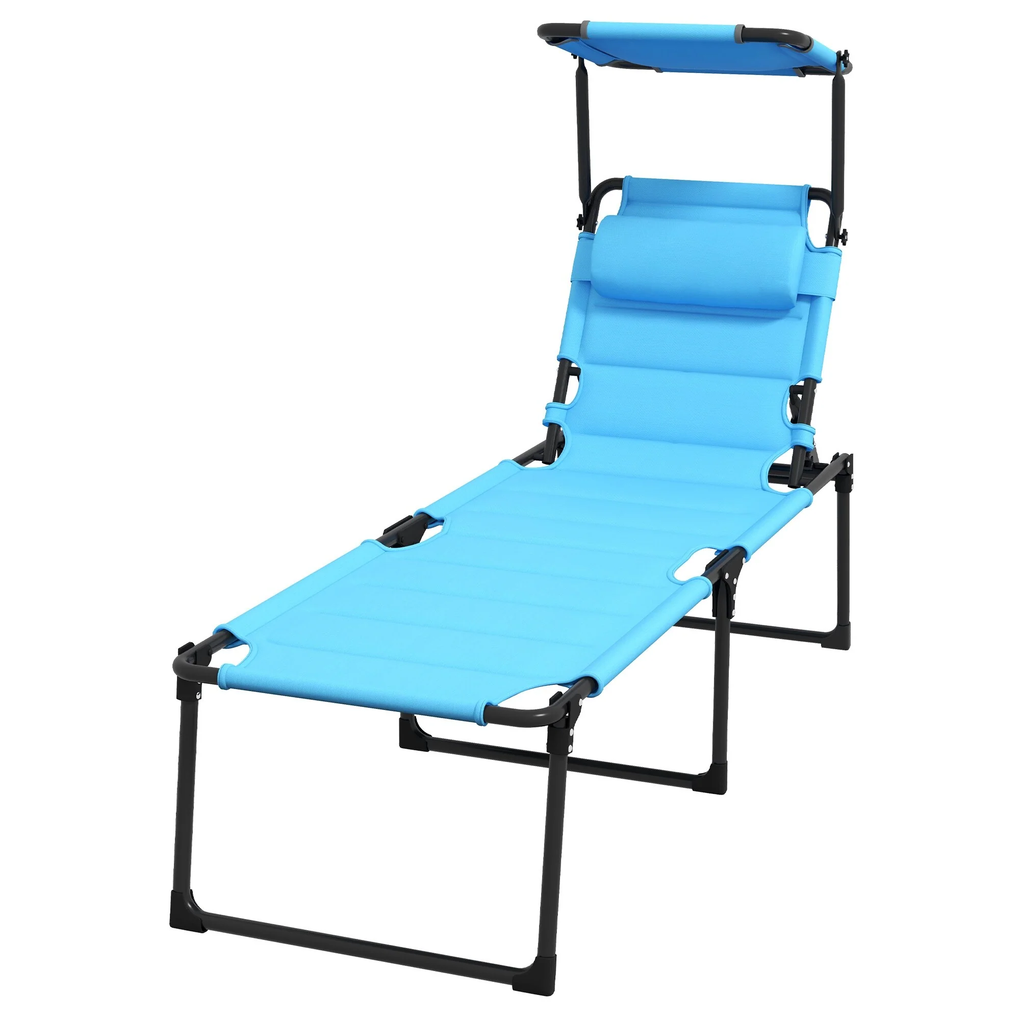 Outdoor Folding Chaise Lounge Chair with Adjustable Canopy, 4-Position Backrest, Padded Seat and Pillow for Beach Patio