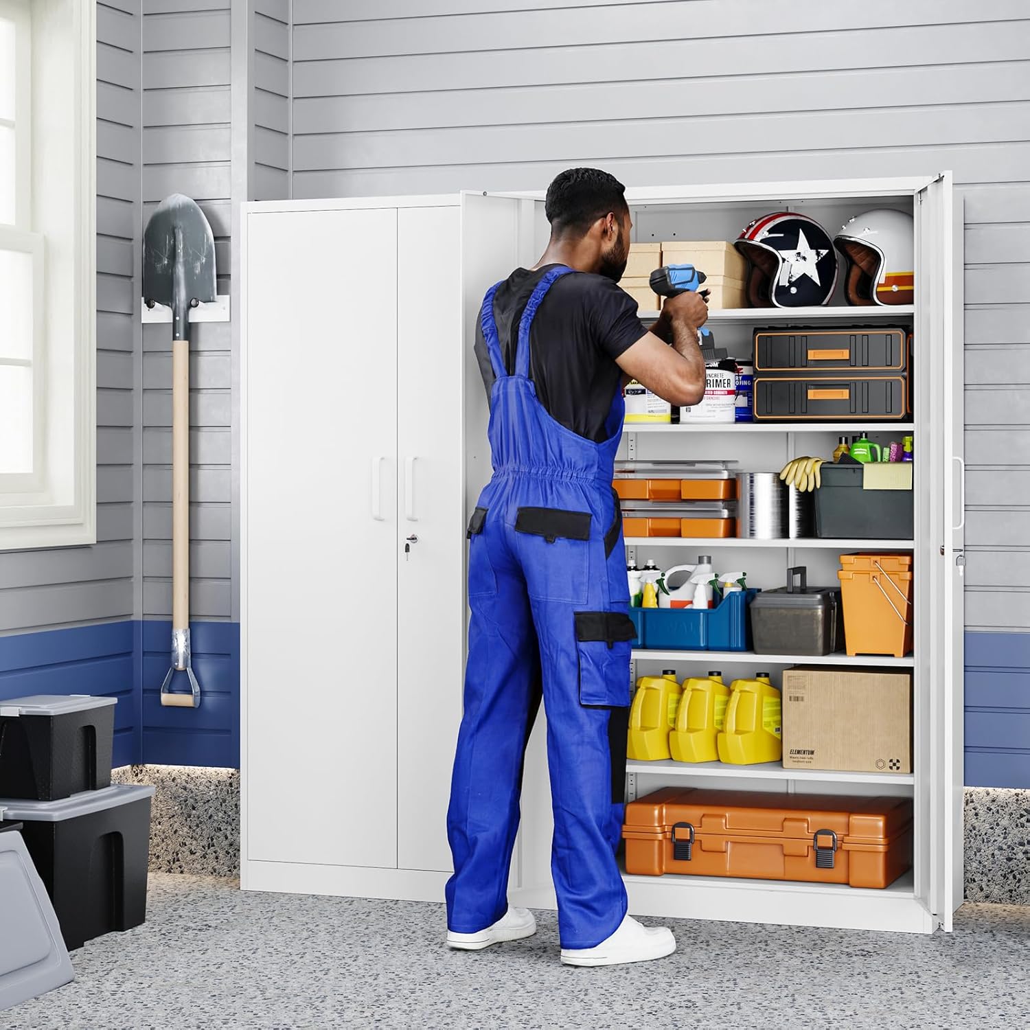 Yizosh Metal Garage Storage Cabinet with 2 Doors and 5 Adjustable Shelves - 71 Steel Lockable File Cabinet,Locking Tool Cabinets for Office,Home,Garage,Gym,School (White)