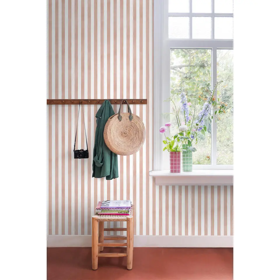 ESTAhome behang strepen terracotta roze en wit - 53 cm x 10.05 m