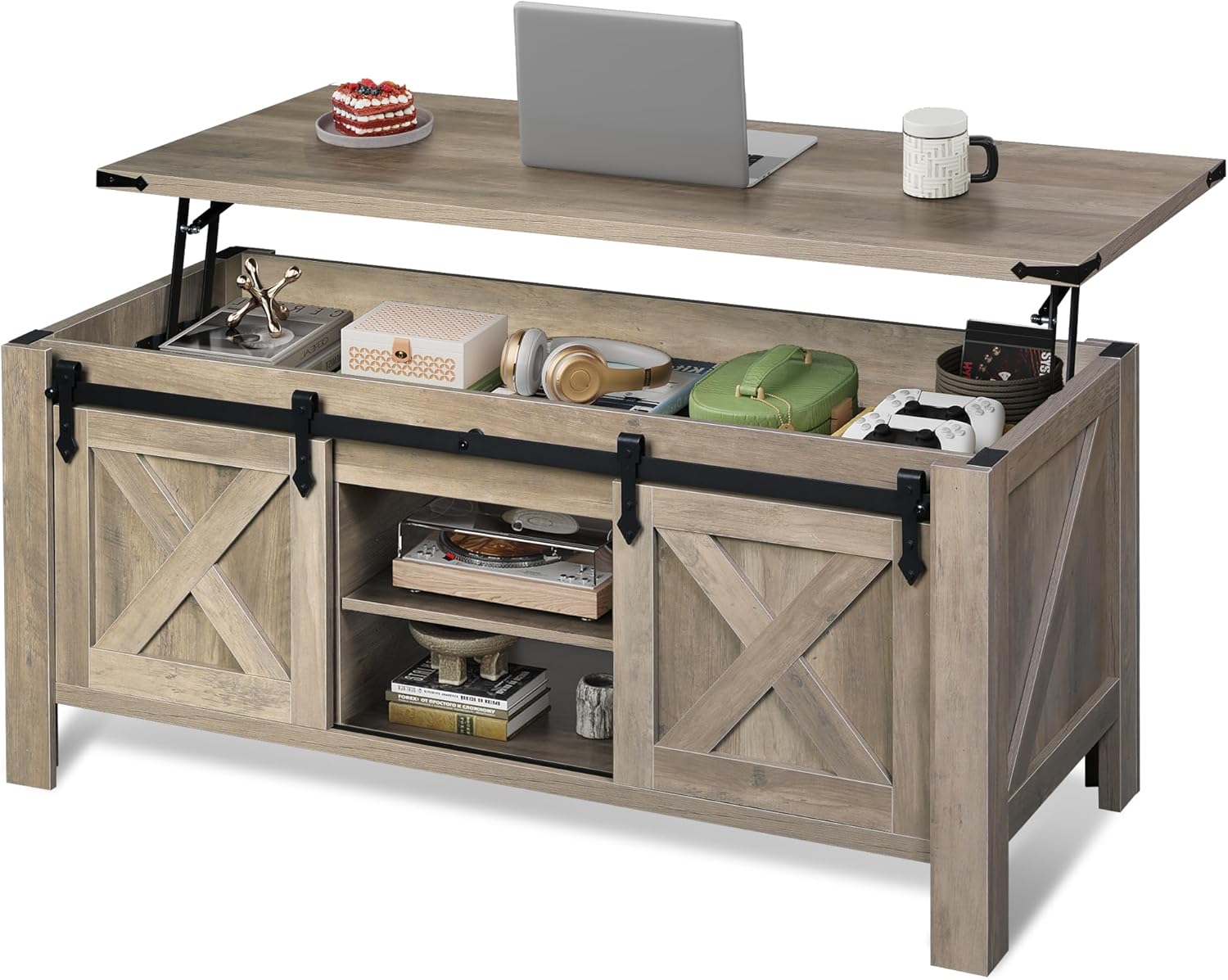 WLIVE 47.3 Farmhouse Lift Top Coffee Table with Sliding Barn Doors, Large Hidden Storage Compartment and Adjustable Shelf for Living Room,Office, Greige