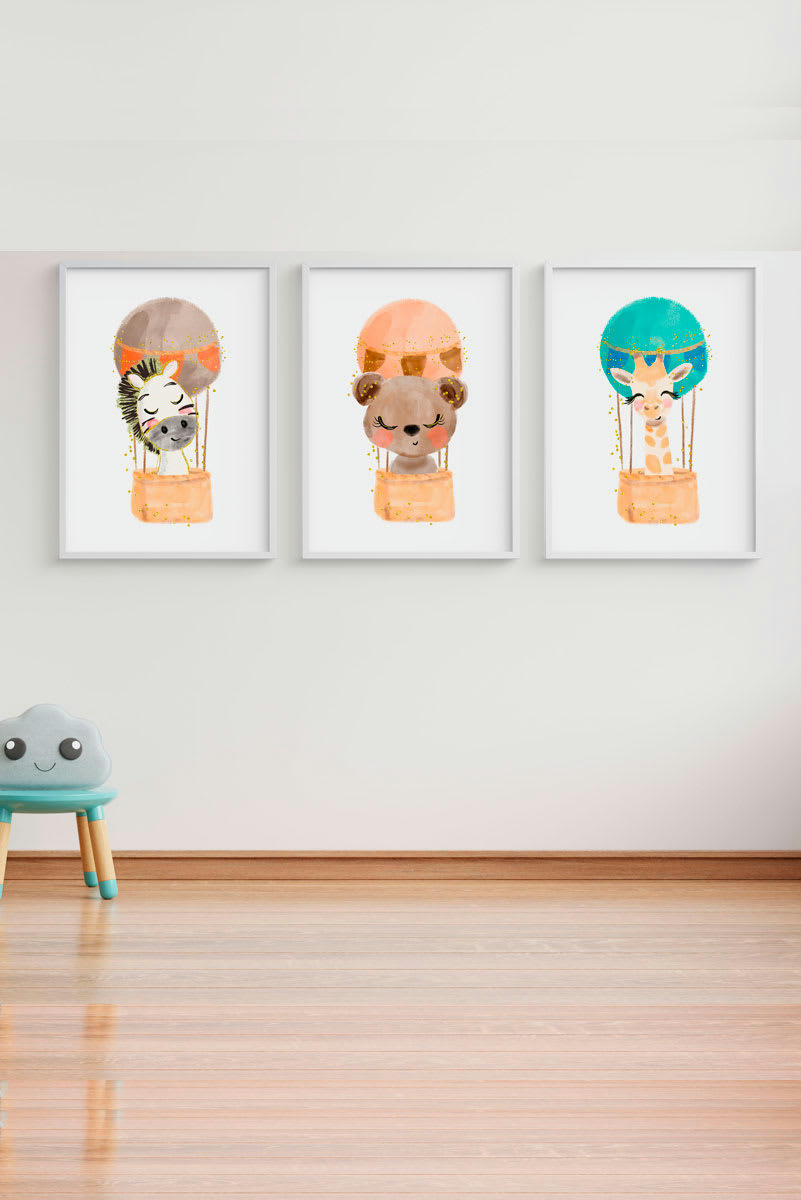 DECOWALL - Pack encadré bois blanc impression ballons 43X33 cm