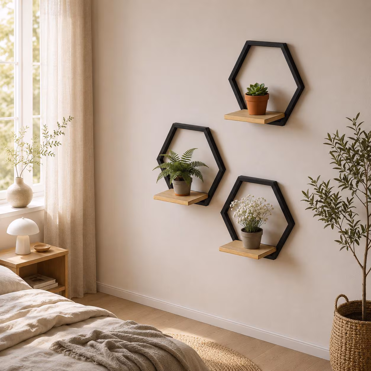 Hexagon Floating Shelves Set of 3 | Geometric Wood Metal Wall Shelf | Boho Modern Plant Shelf Display | Honeycomb Wall Decor Storage