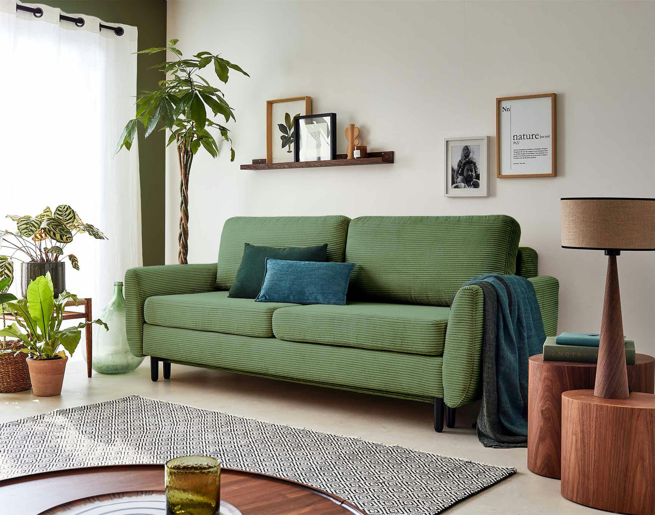 DAN - Canapé droit convertible 3 places en velours côtelé vert sauge