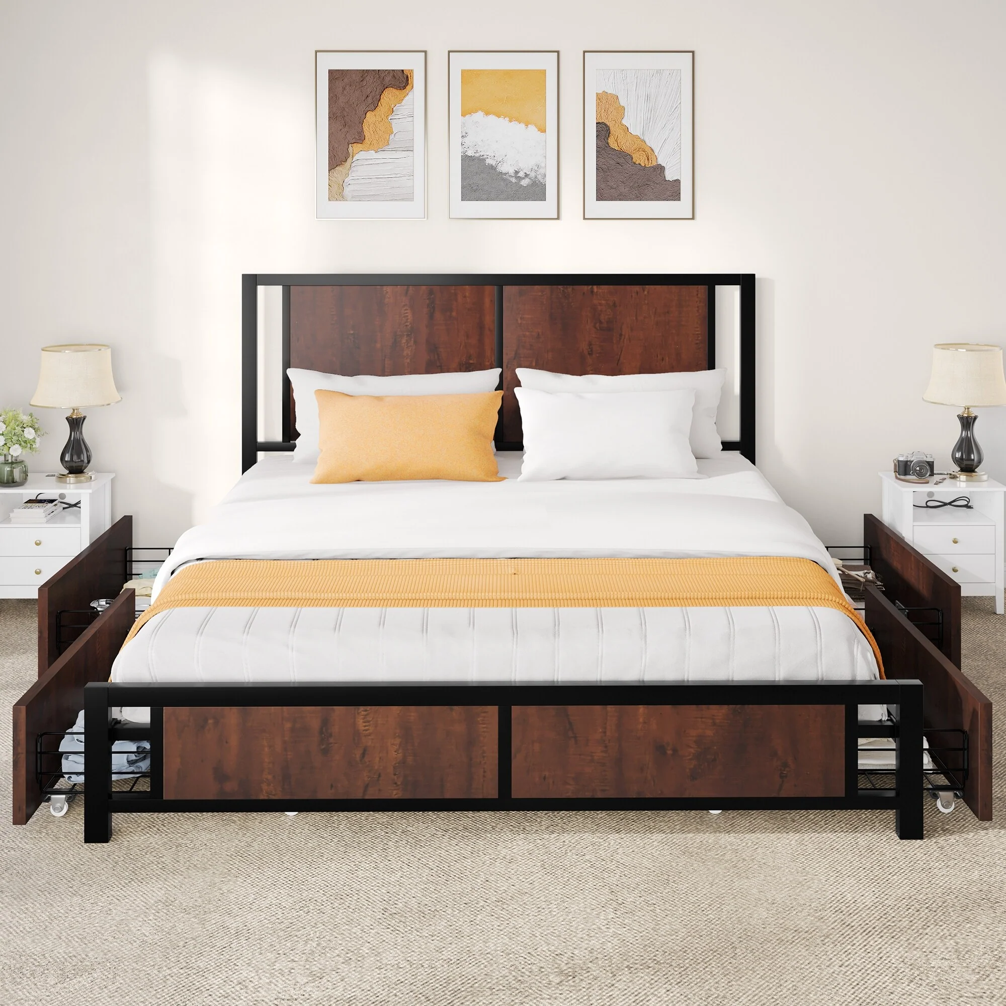 Queen Vintage Wood and Metal Headboard Platform Bed