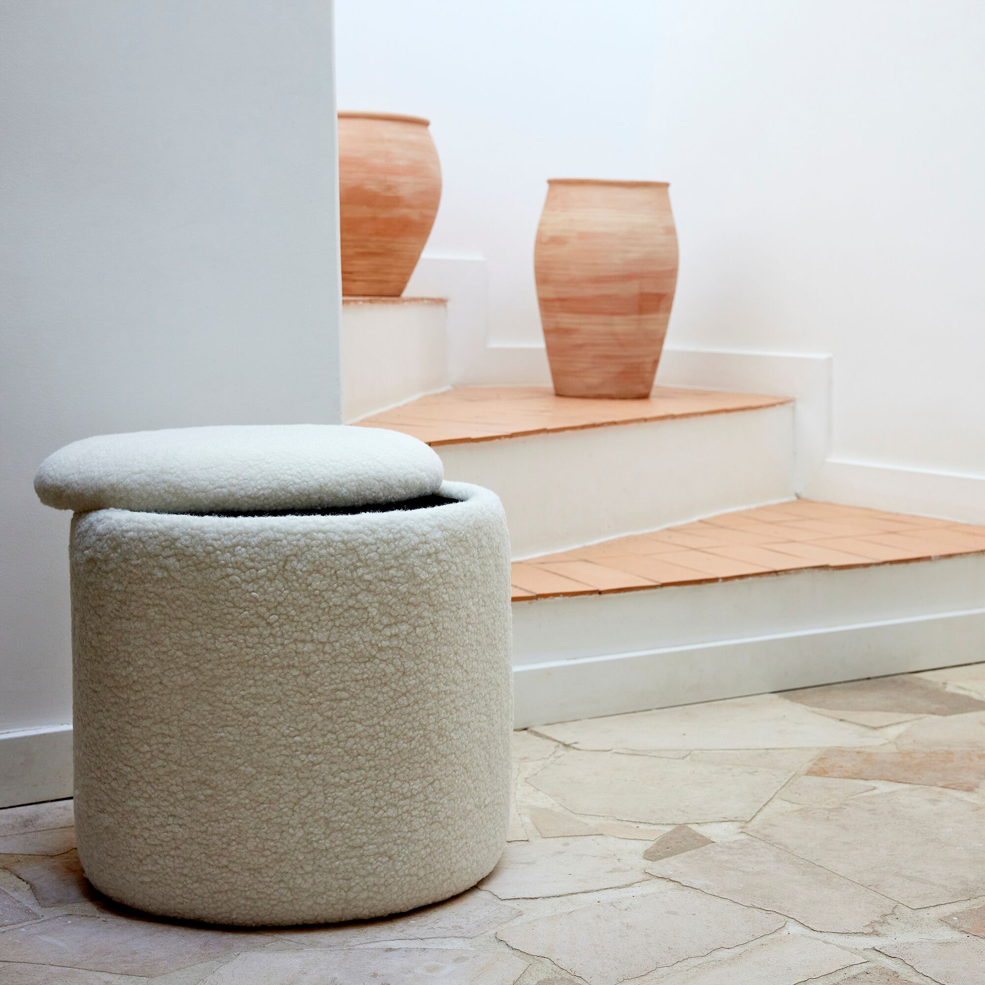 ELIAS - Pouf en tissu avec coffre de rangement - blanc H43cm