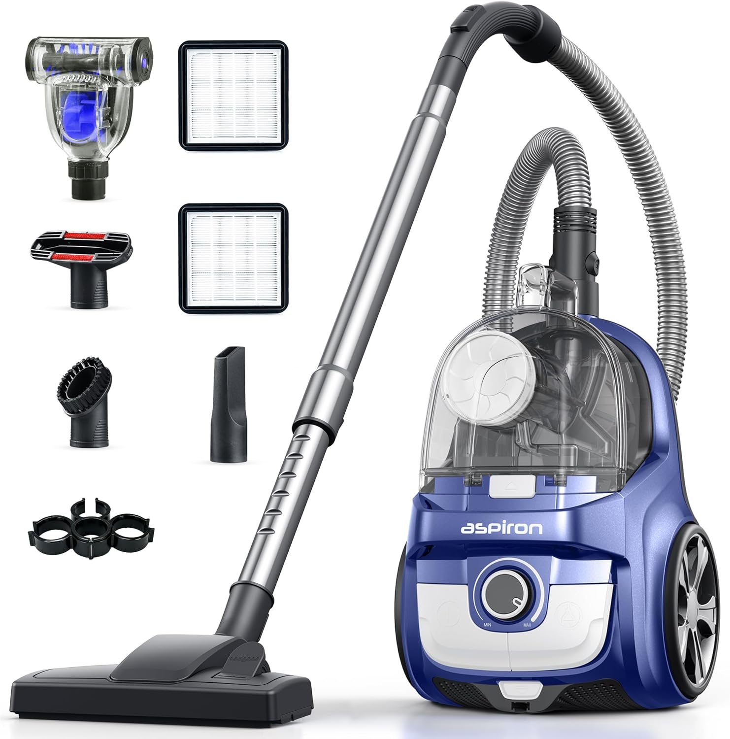 Aspiron Canister Vacuum Cleaner, 40Kpa Bagless Vacuum Cleaners, 4QT Large Dust Cup, Double HEPA Filter, Retractable Cord, 1600W Lightweight Vacuum Cleaner with 5 Tools for Hard Floors, Cobalt