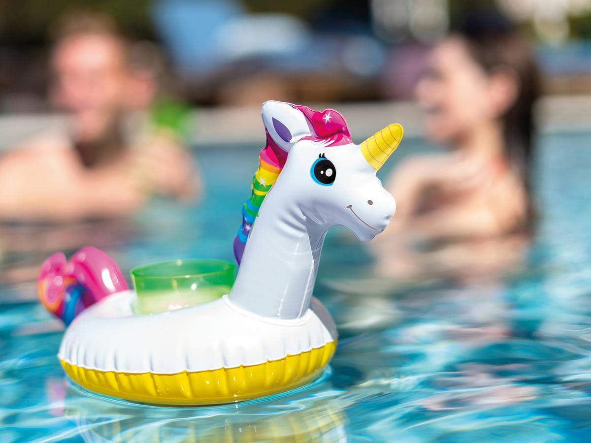 - Porte verre gonflable licorne en vinyle blanc