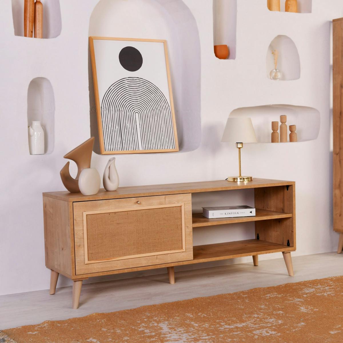 Meuble TV bohème avec porte tissu toile jute MARFA