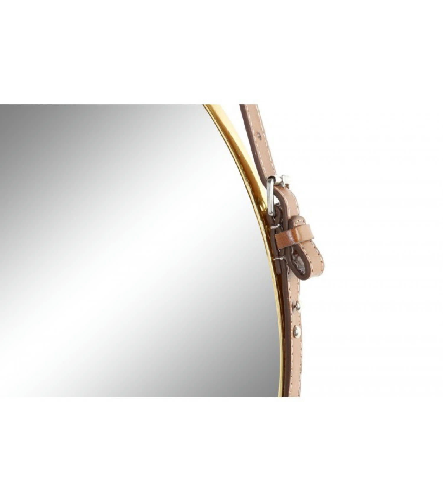 ROND - Miroir métal doré suspendu lanière similicuir marron