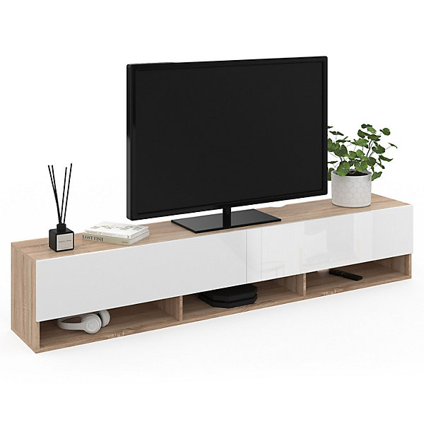 Meuble TV 180 cm suspendu ELIO 2 portes avec étagère bois et blanc