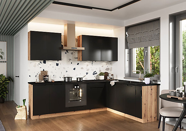 Cuisine complète d'angle ISYA 9 éléments couleur Noir/Chêne Artisan - Longueur 200/260 cm