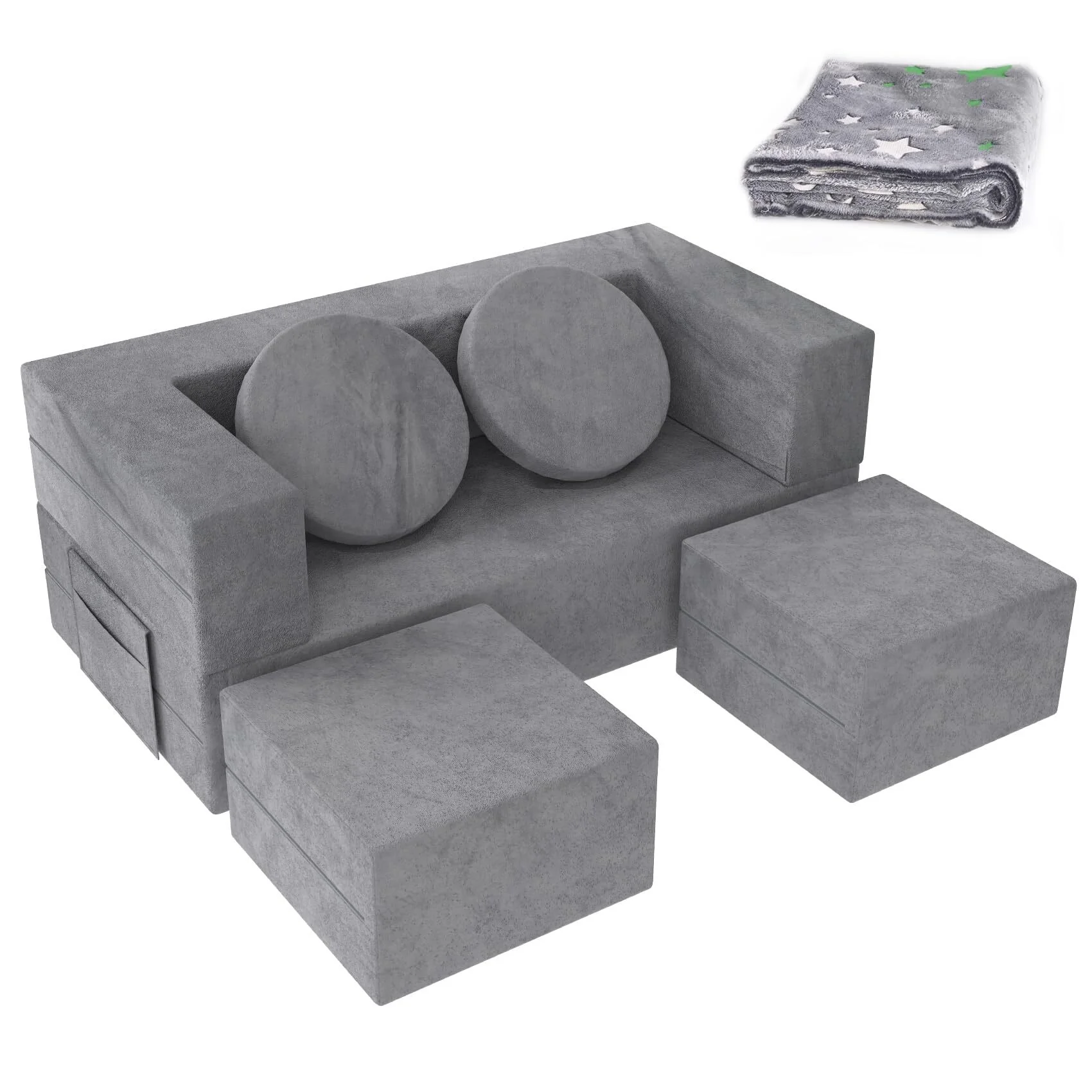 Kids Couch, 6PCS Toddler Couch with Blanket for Bedroom Playroom, Multifunctional Nugget Couch Kids Play Couch Sofa