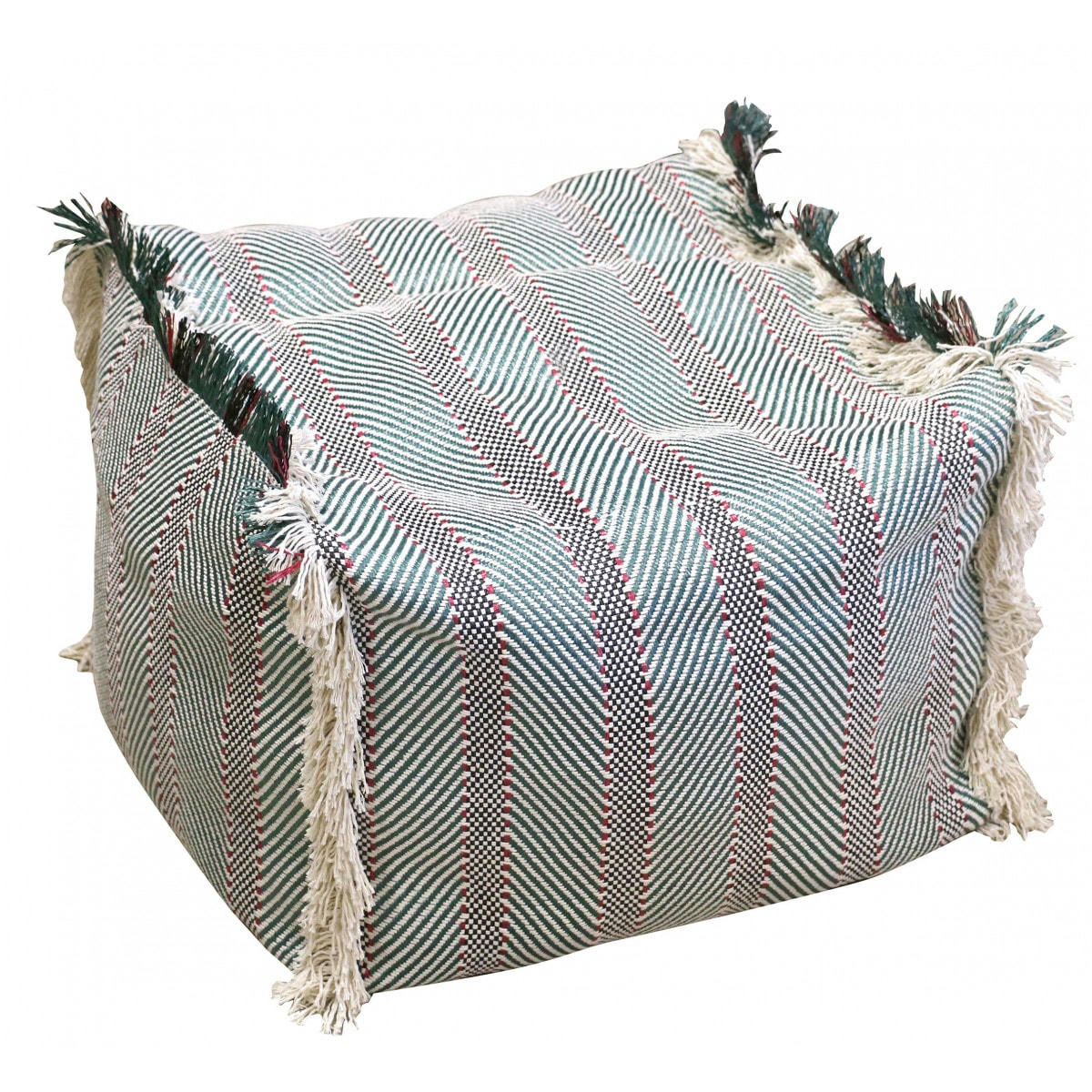 - Pouf à franges vert et rouge 46x46x35cm