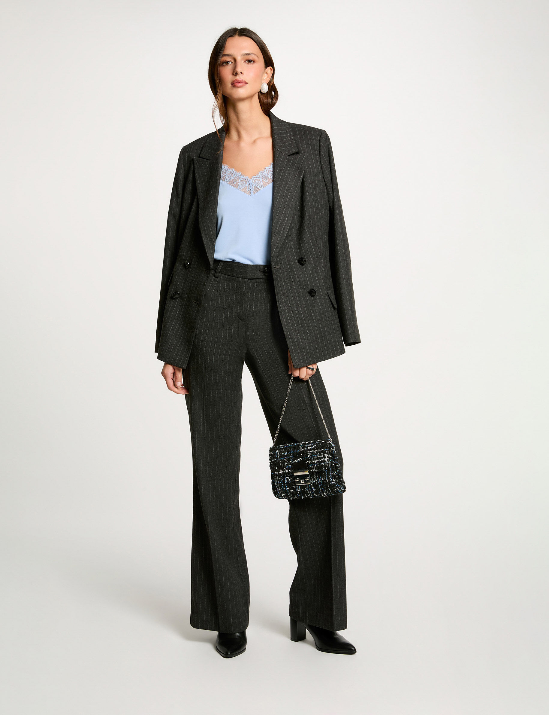 Striped Wide Leg Trousers Dark Grey Women