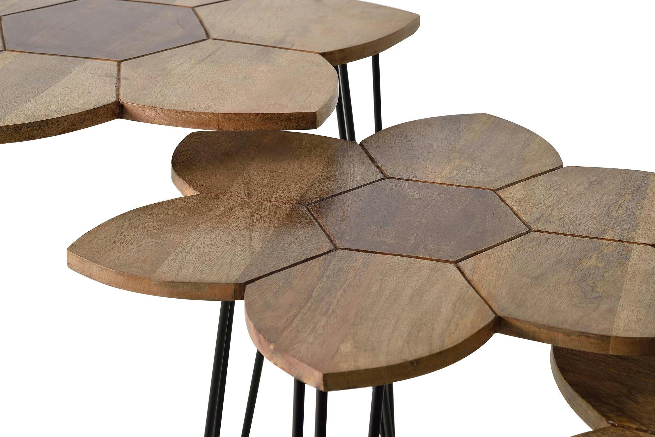 - Set de 3 tables basses plateau manguier et piètement métal