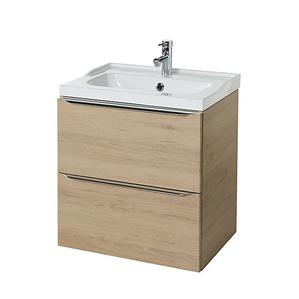 Meuble vasque suspendu effet chêne l.60 cm Imandra   plan vasque blanc céramique Lana, GoodHome