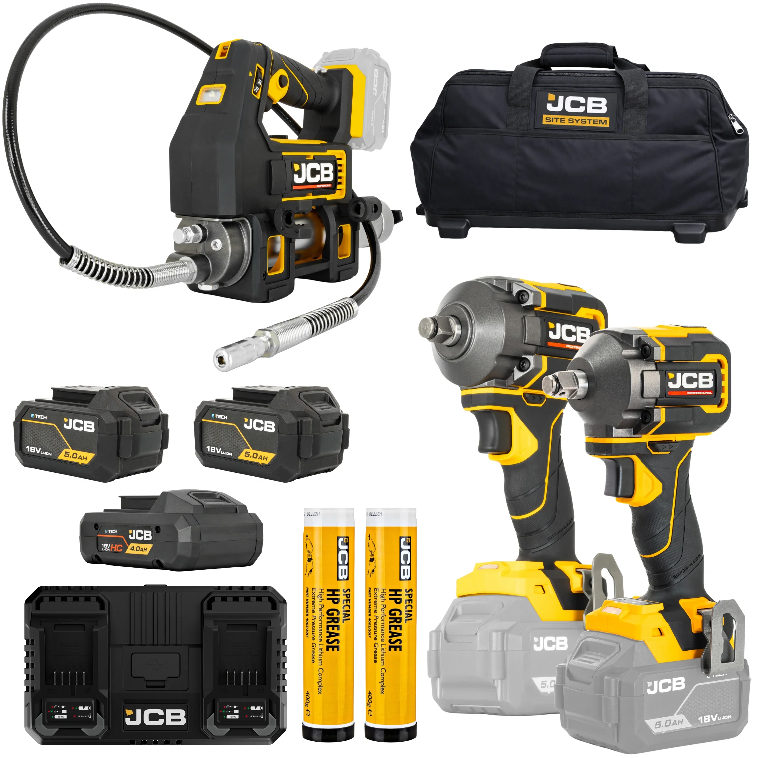 JCB Professional Zestaw Klucz Udarowy 350 Nm Klucz Udarowy 620 Nm Smarownica 700 Bar 18V 2x Smar 1x 4,0Ah 2x 5,0Ah Dual Charge Torba
