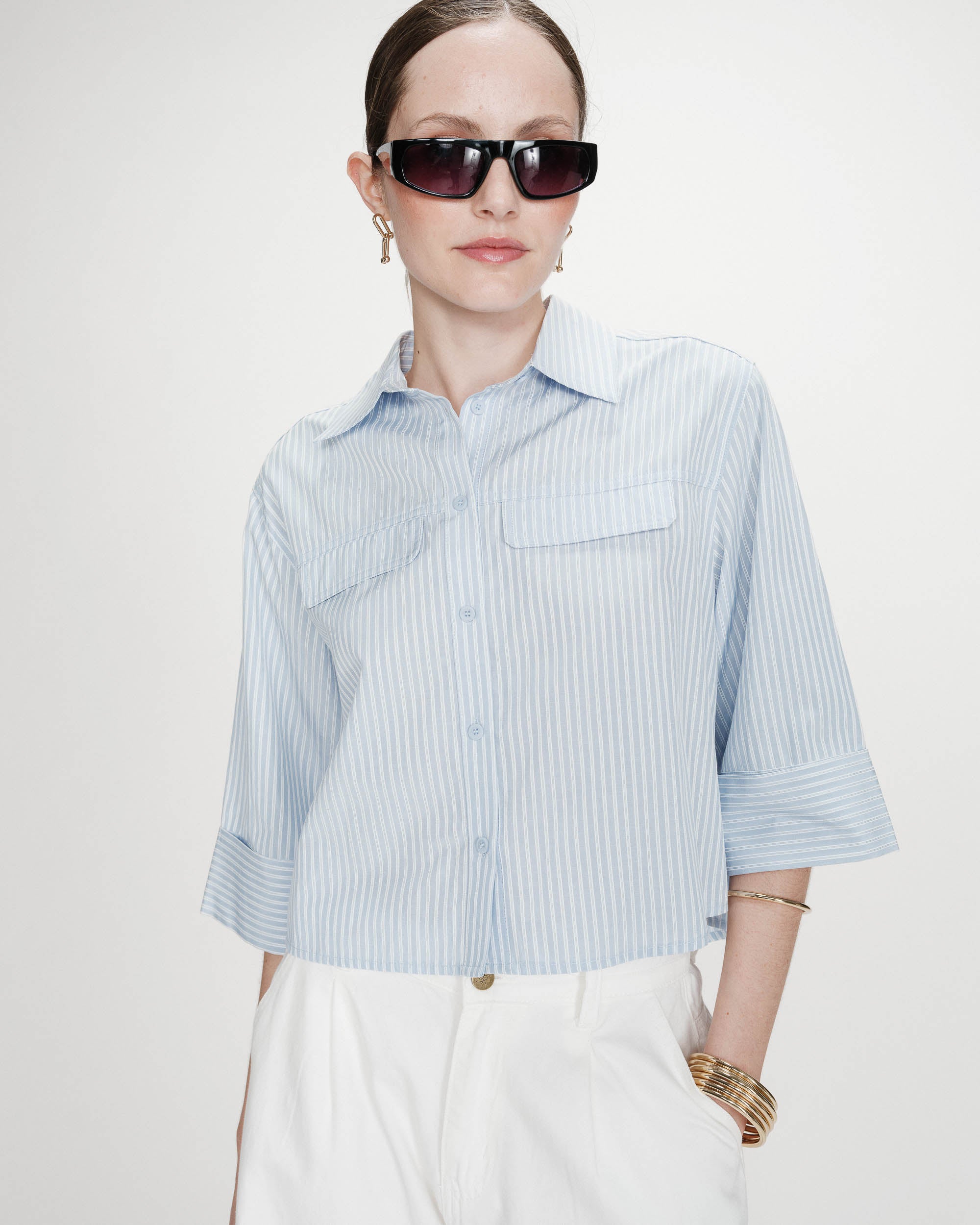 Chemise courte à rayures manches 3/4 ciel Voice