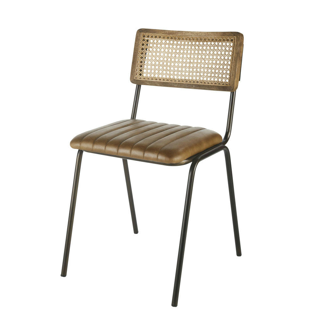 Dalston Business - Chaises professionnelles en cuir de buffle marron, cannage en rotin et métal noir (x2)