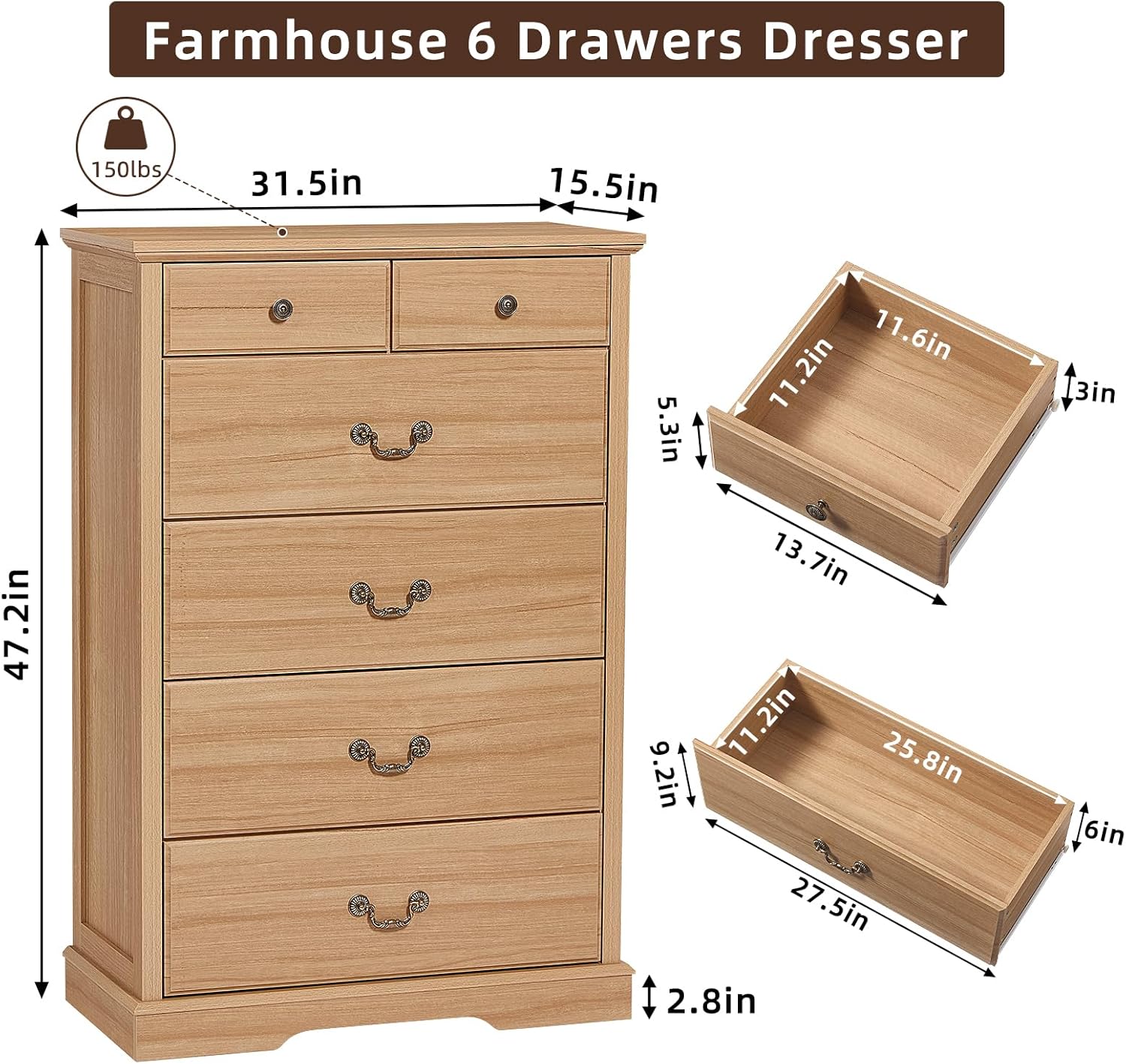 6 Drawer Dresser,Farmhouse Wood Chest of Drawers for Bedroom,47 Tall Dresser with Rustic Handles,Wood Drawer Organizer for Living Room,Hallway,Closet,Natural