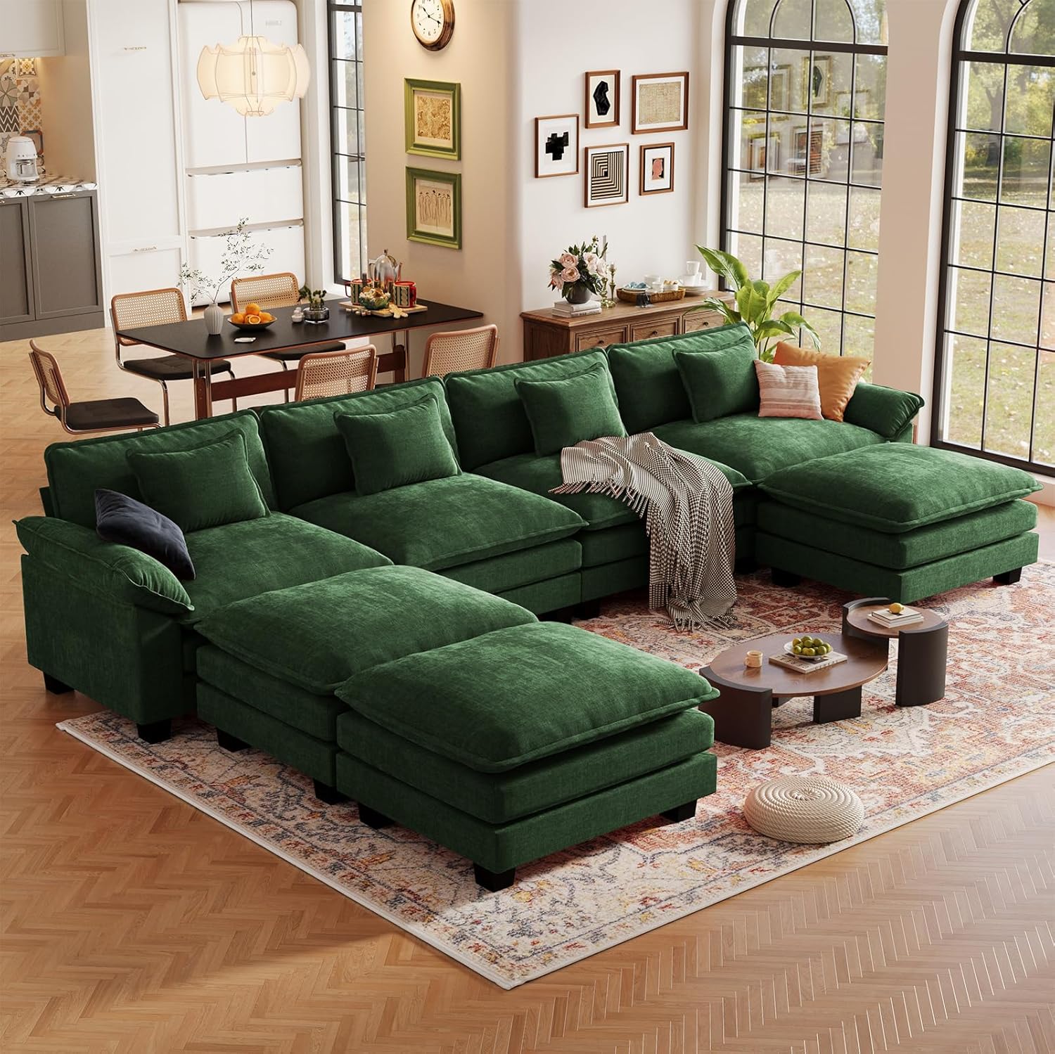 CDCASA 154 Modular Sectional Sofa, Comfy U-Shaped Cloud Couch with 3 Movable Ottomans, Oversized 7-Seater Chenille Deep Seat Sofa Couch for Living Room, DIY Combination, Green