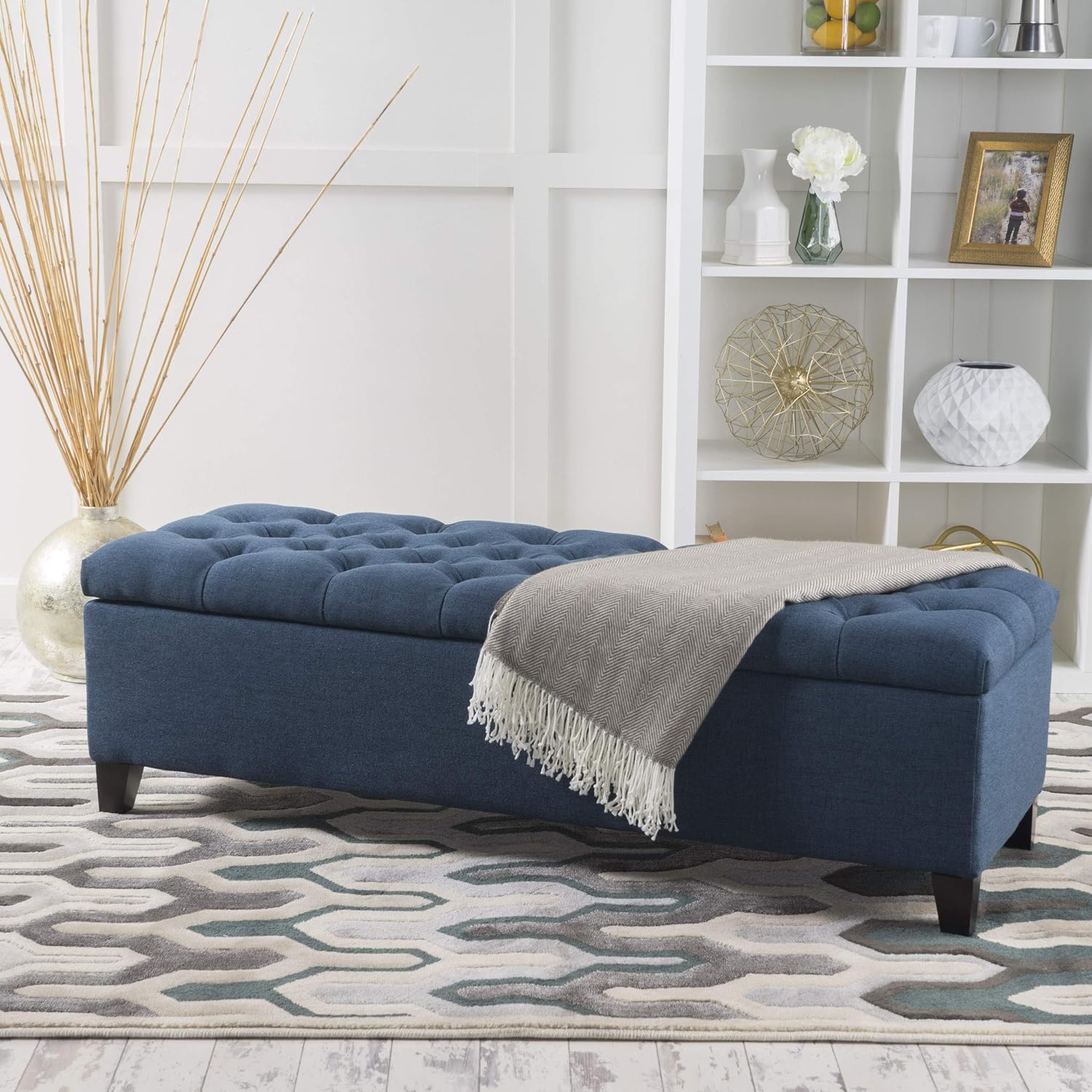 Christopher Knight Home Ottilie Fabric Storage Ottoman, Dark Blue, 17.75D x 51.5W x 15.75H