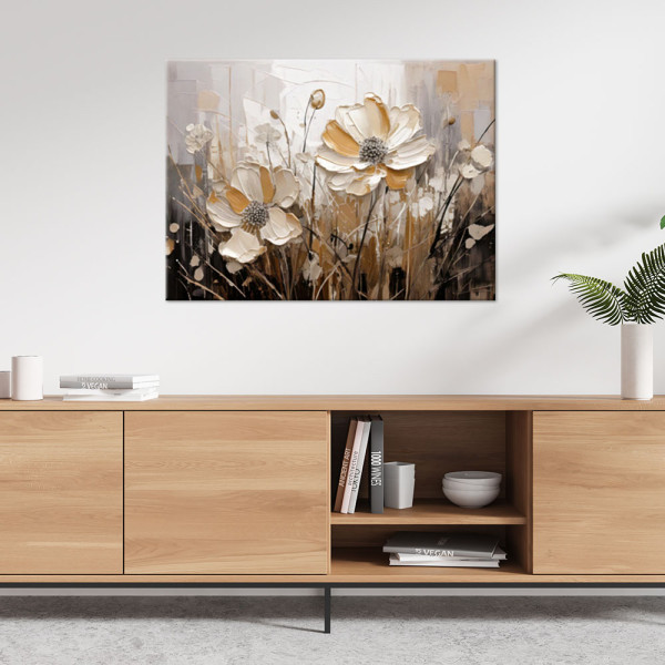 Obraz do salonu sypialni malowany, Beżowe polne kwiaty Abstrakcja 60x40