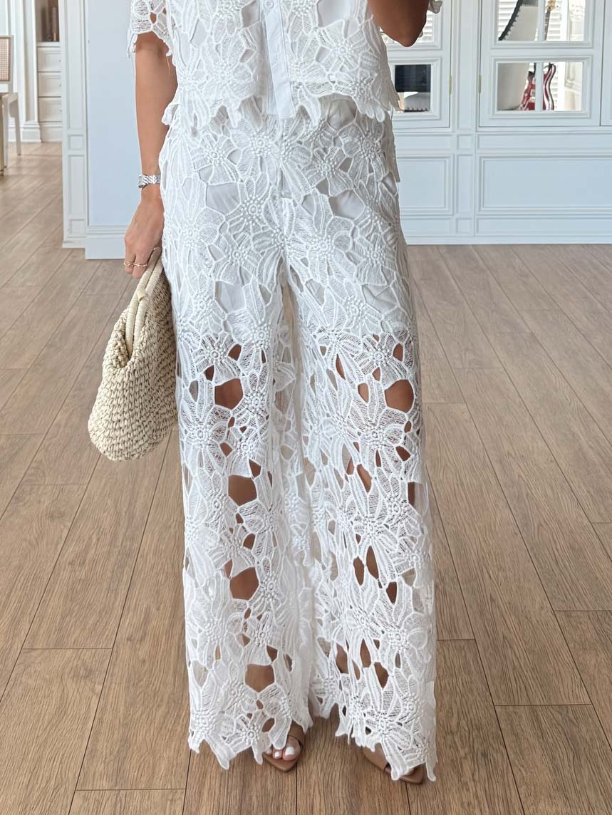 Casual Cutout Lace Short Sleeve Shirt