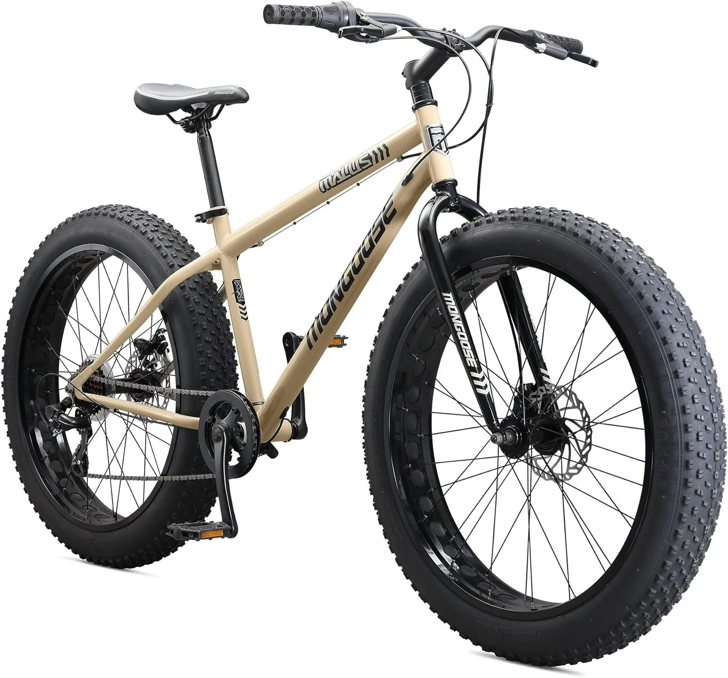 Mongoose Malus Mens and Women Fat Tire Mountain Bike, 26-Inch Bicycle Wheels, 4-Inch Wide Knobby Tires, Steel Frame, 7 Speed Drivetrain, Shimano Rear Derailleur, Disc Brakes(Tan)