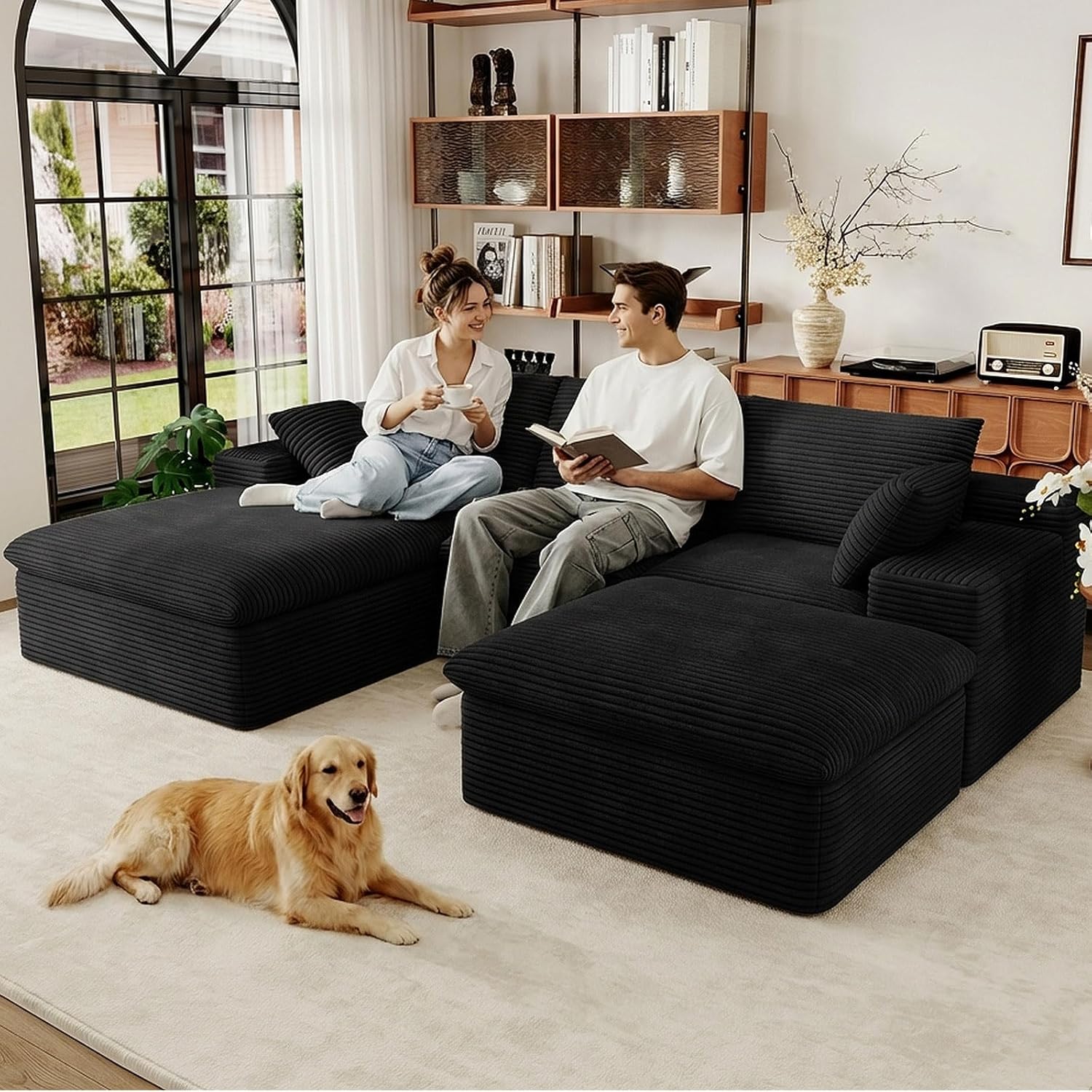 107 Cloud Couch Modular Sectional Sofa for Living Room, U-Shape Boneless Couch with Deep Seat, Modern Upholstered Corduroy 3-Seater with Ottoman, No Assembly Required (Black,Left-Facing Chaise)