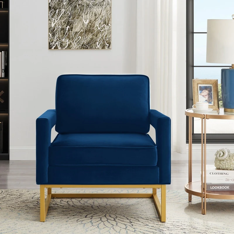 Accent Chair with Gold Metal Base Velvet Upholstered Armchair
