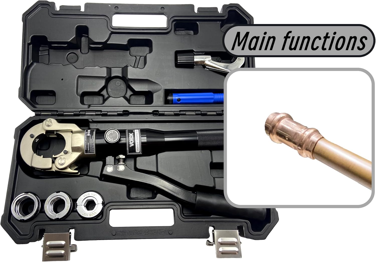 VOIDX Hydraulic Crimping Tool Propress Crimper for Copper Pipe Fittings with 1/2 3/4 1 Inch Jaws Works in Narrow Spaces and on Straight Bend Fittings Includes Carrying Case