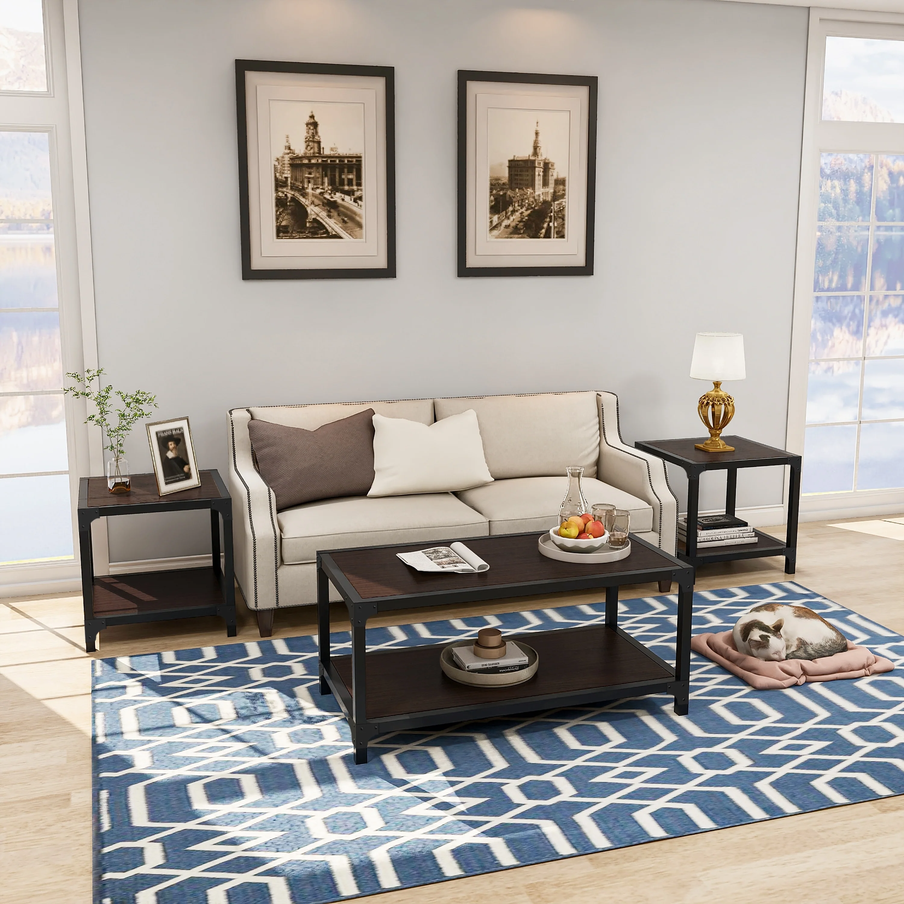 Davee 3 Pieces Wood and Metal Coffee Table Set with Shelf - 40''x20''x18'' & 20''x20''x20'' &20''x20''x20''