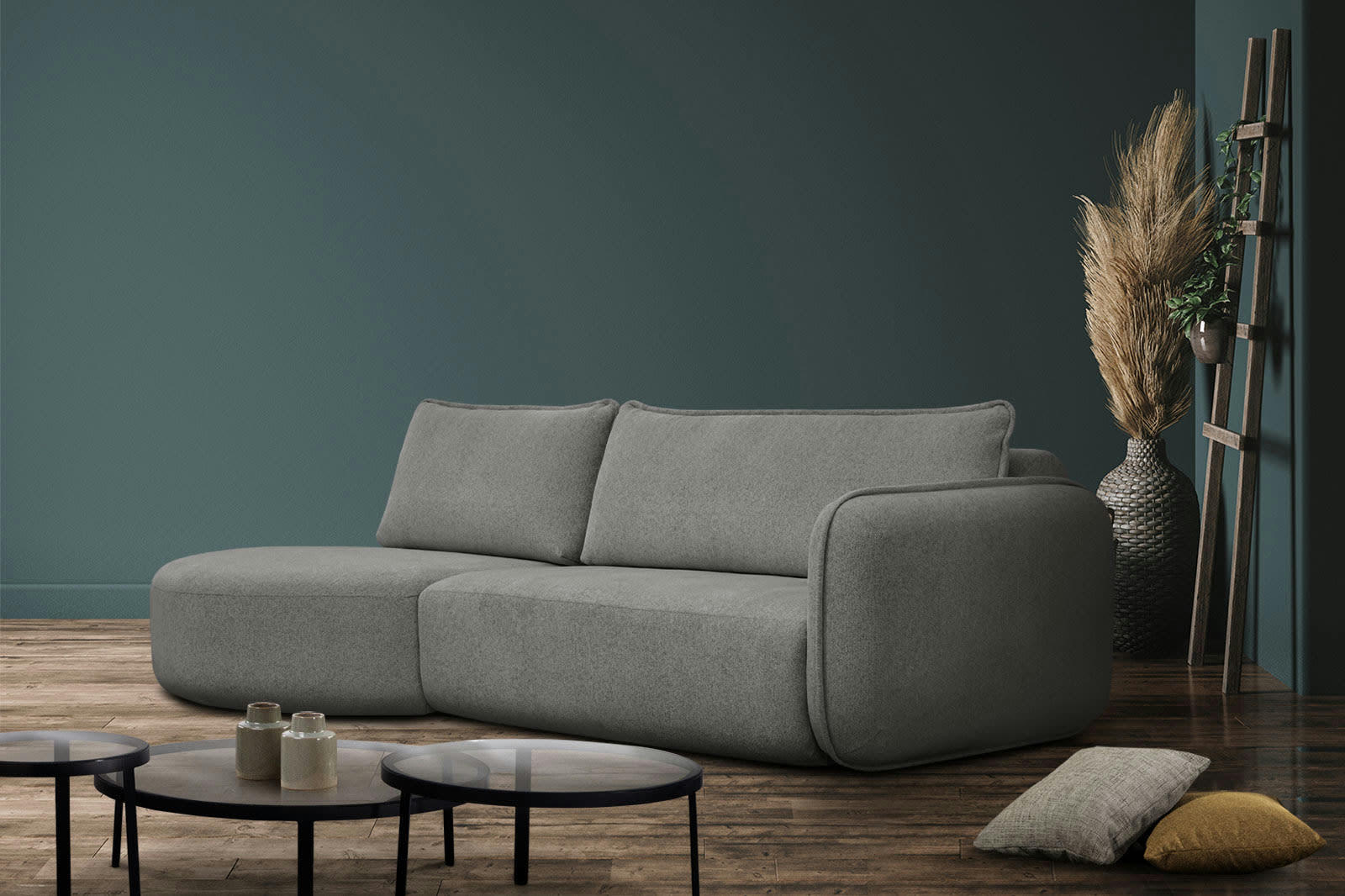 IPSUM - Canapé d'angle gauche 3 places avec l'île tissu gris moyen