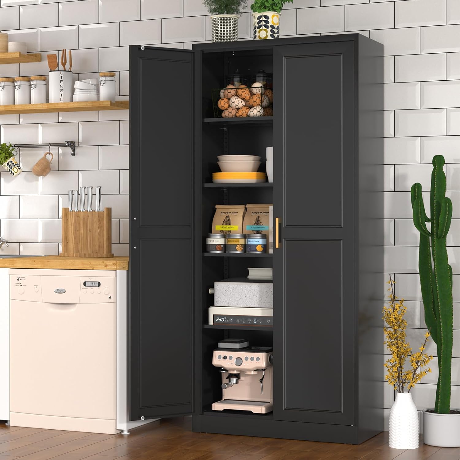 Polup Pantry Cabinet, 71 Inch Tall Kitchen Storage Cabinet, Metal Pantry Cabinet with Doors and Adjustable Shelves, Black Food Cupboard, Freestanding Cabinet for Living&Dinning Room, Assembly Required