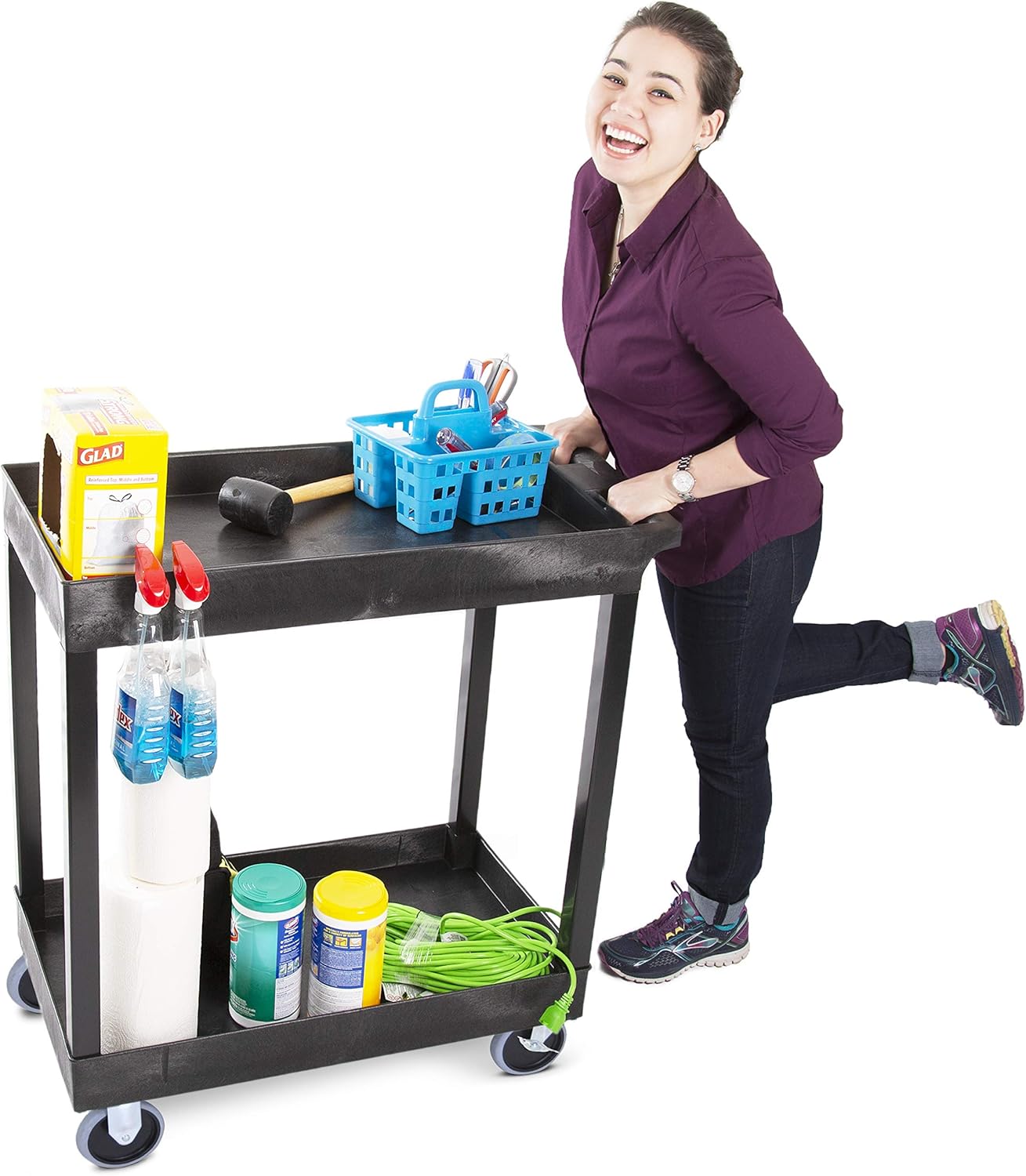 Stand Steady Tubstr 2 Shelf Utility Cart Supports Up to 250 lbs - Heavy-Duty Plastic Service Push Cart with Deep Shelves and 5 Casters, for Offices, Warehouse Storage, Garage (Black, 32 x 18 x 51)