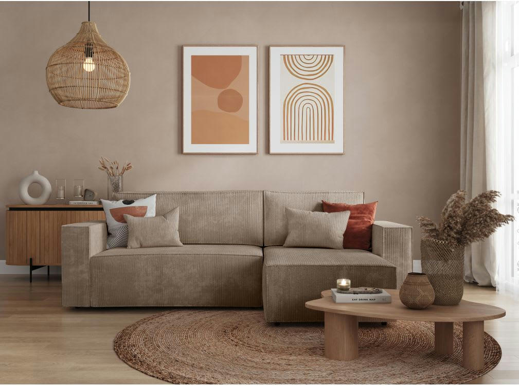 - Canapé d'angle réversible et convertible 3 places velours côtelé Taupe