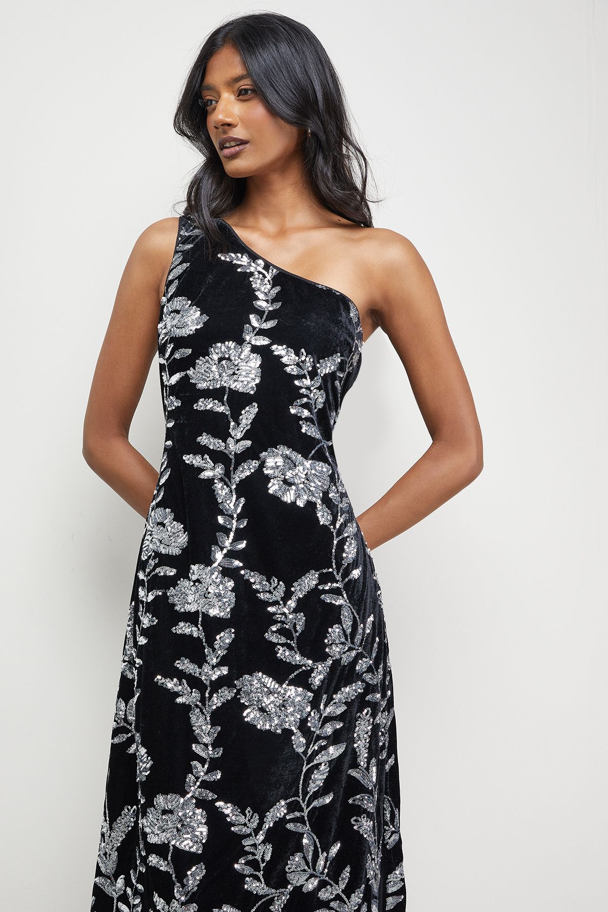 Warehouse Velvet Sequin One Shoulder Midi Dress