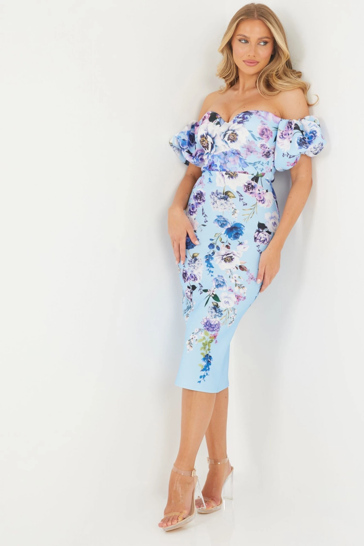 Quiz Blue Bardot Floral Midi Dress