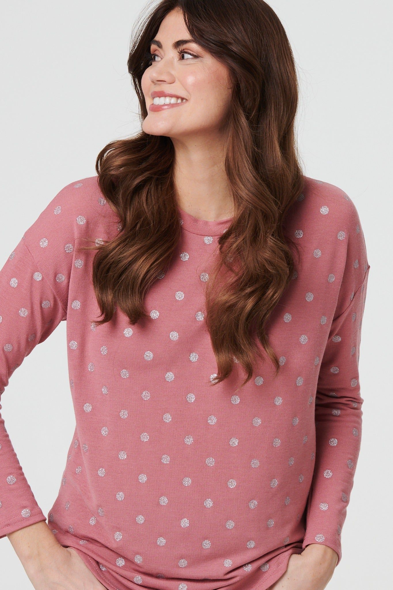 Izabel London Polka Dot Print Relaxed Long Sleeve Top