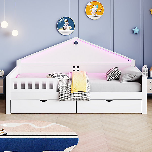 Lit Enfant 90x200 cm - Lit Enfant avec éclairage LED et 2 Tiroirs de Rangement, sans Matelas - en MDF, Blanc