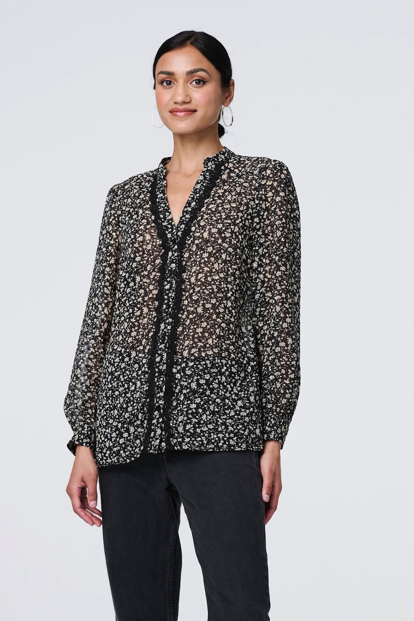 Izabel London Ditsy Floral Semi Sheer Long Sleeve Blouse