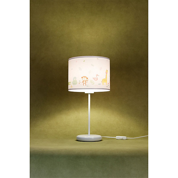 Lampe de chevet enfant Sweet Dream 22,5 x 22,5 x 44 cm Tissu PVC imprimé animaux de la jungle fond blanc, intérieur blanc