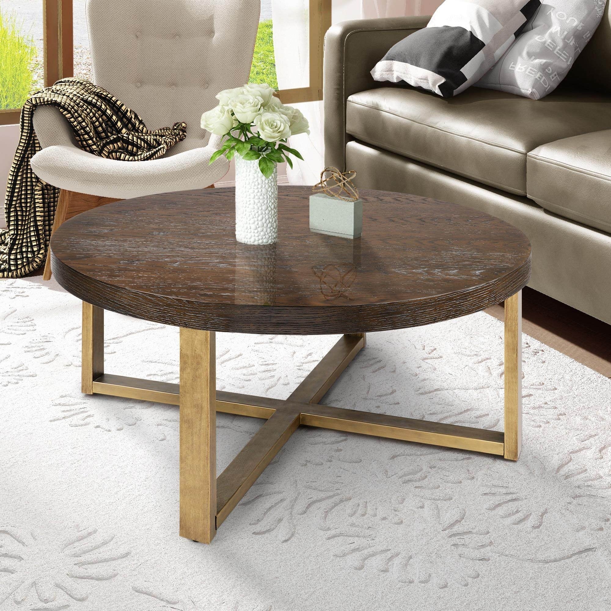 Genzi Vintage Round Oak Solid Wood Coffee Table with Accent Hammered Cross X Legs