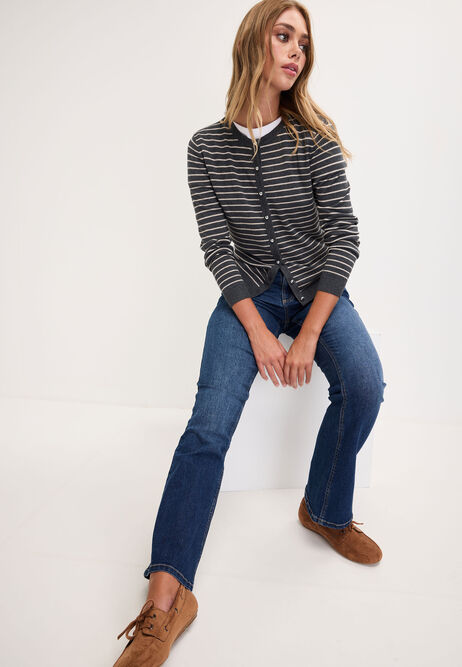 Womens Grey Stripe Crew Neck Cardigan
