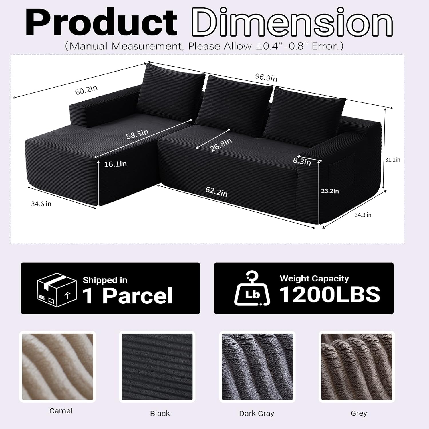 97 Cloud Sectional Couch, Modular Boneless Couch with L-Shape Chaise, Modern Sectional Sofa with Deep Seat Corduroy Corner Foam Cloud Sofas for Living Room,No Assembly Required (Black, Left Chaise)