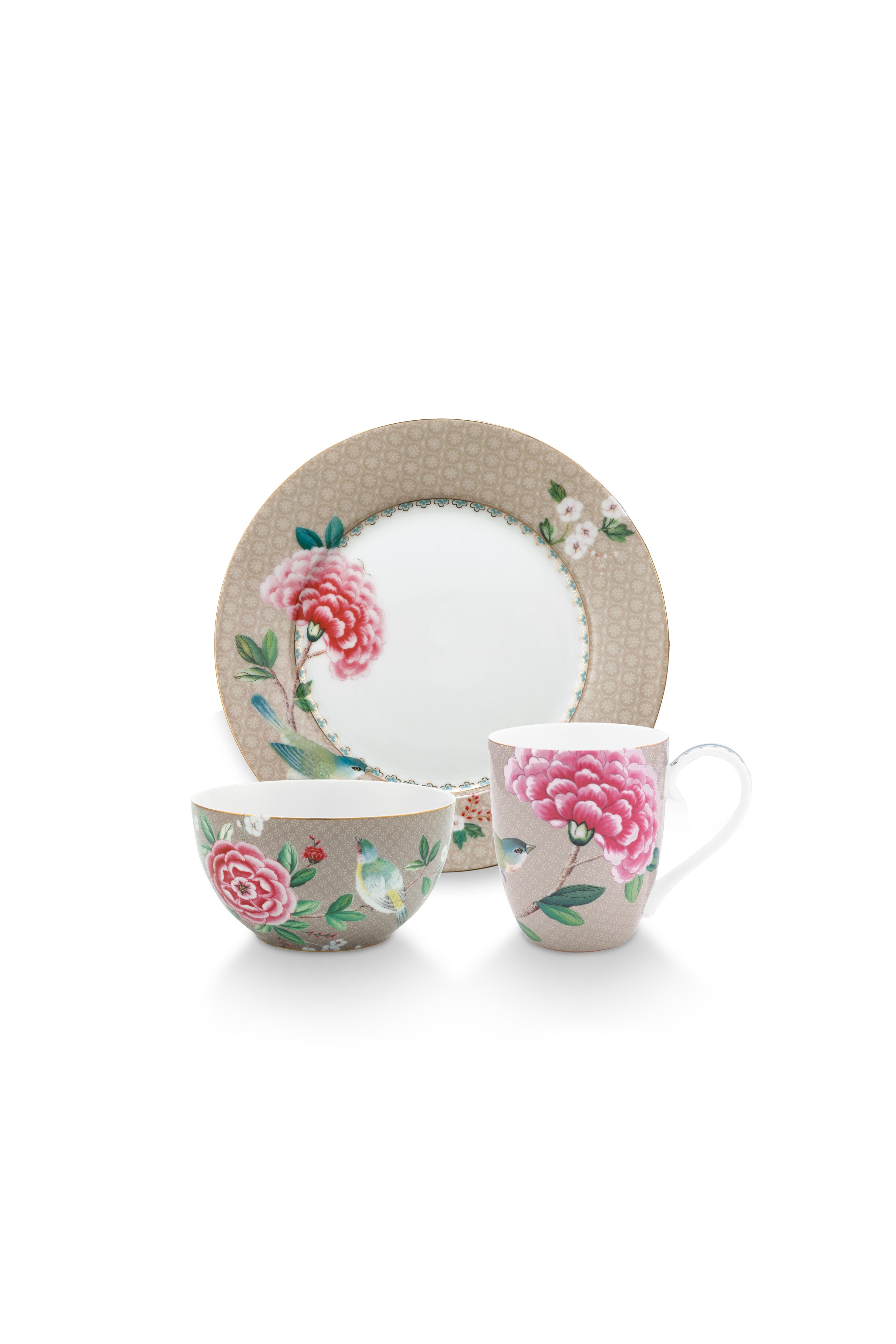 Pip Studio - Blushing Birds ontbijtset - Met ontbijtbord, mok en ontbijtkom - Khaki - Serviesset van 3