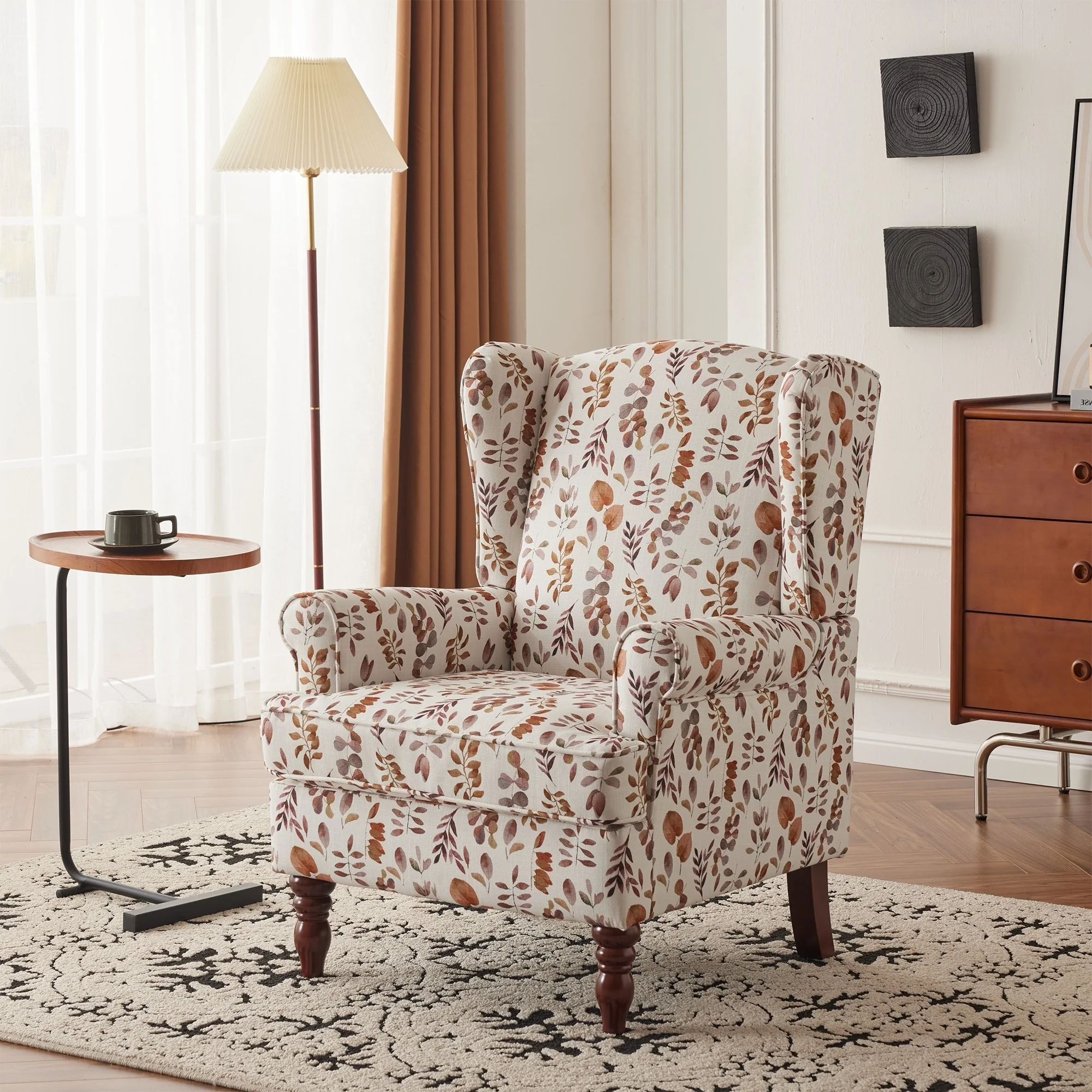 Erommy Modern Accent Chair with High Back, Upholstered Fabric Single Sofa with Button Details and Wooden Legs