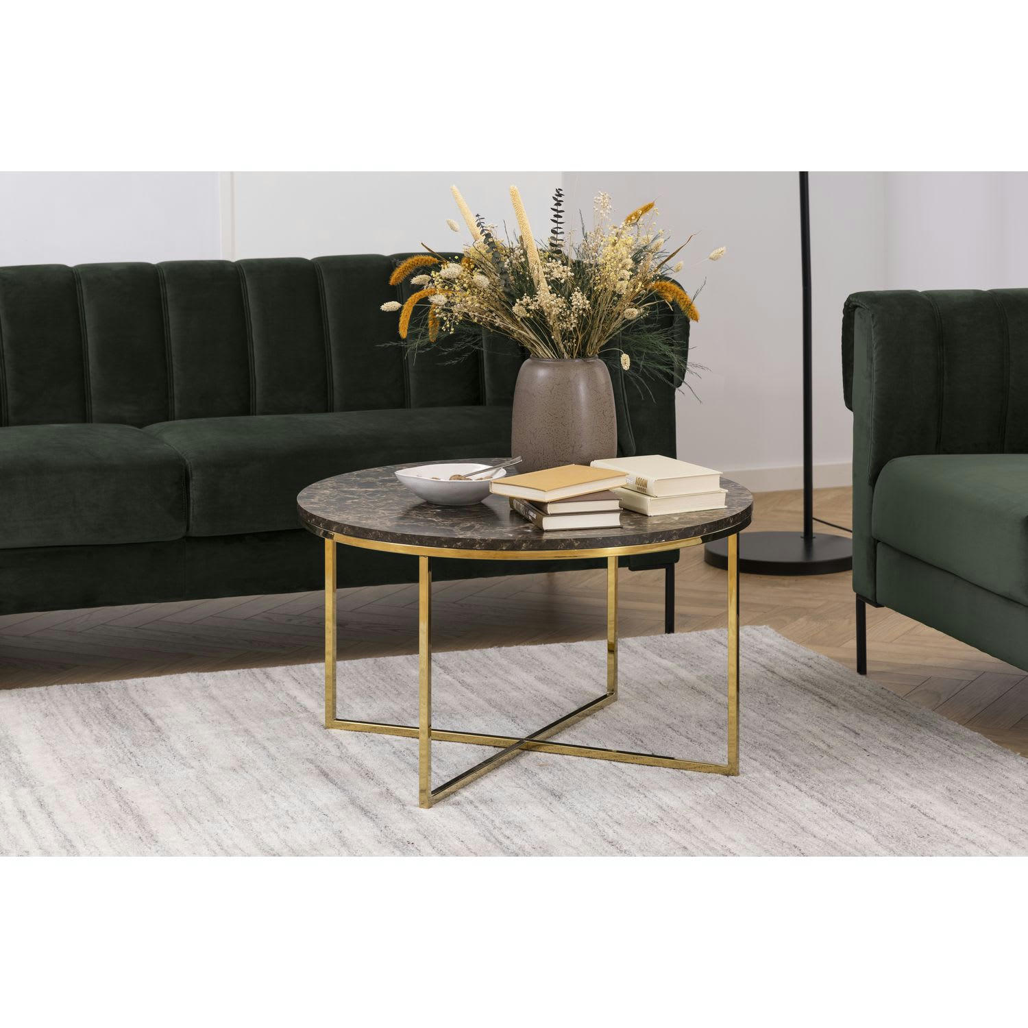 ALYSÉ - Table basse ronde effet marbre en bois et métal marron